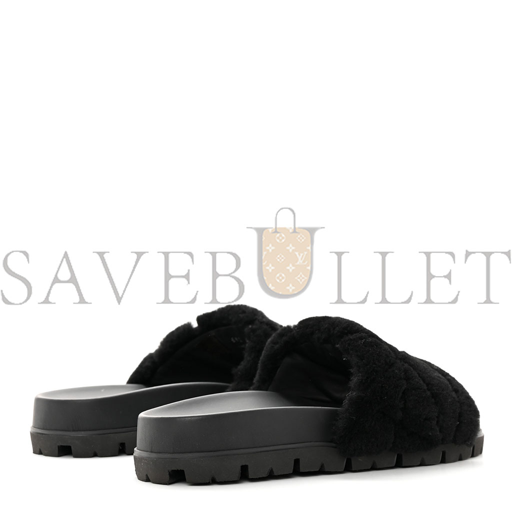 PRADA SHEARLING METAL TRIANGLE LOGO LUG SOLE 20MM SLIDE SANDALS 41 BLACK