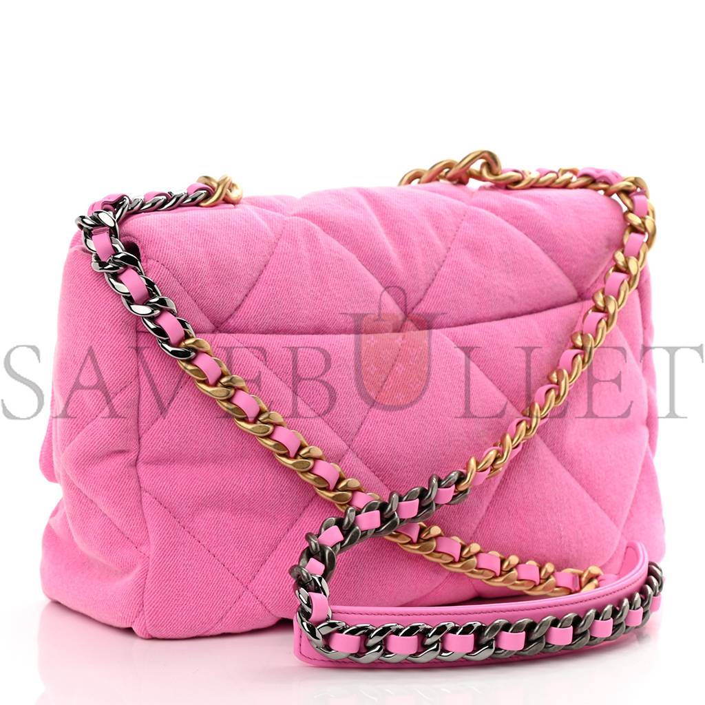 CHANEL DENIM QUILTED LARGE CHANEL 19 FLAP NEON PINK GOLD HARDWARE (30*20*10cm)