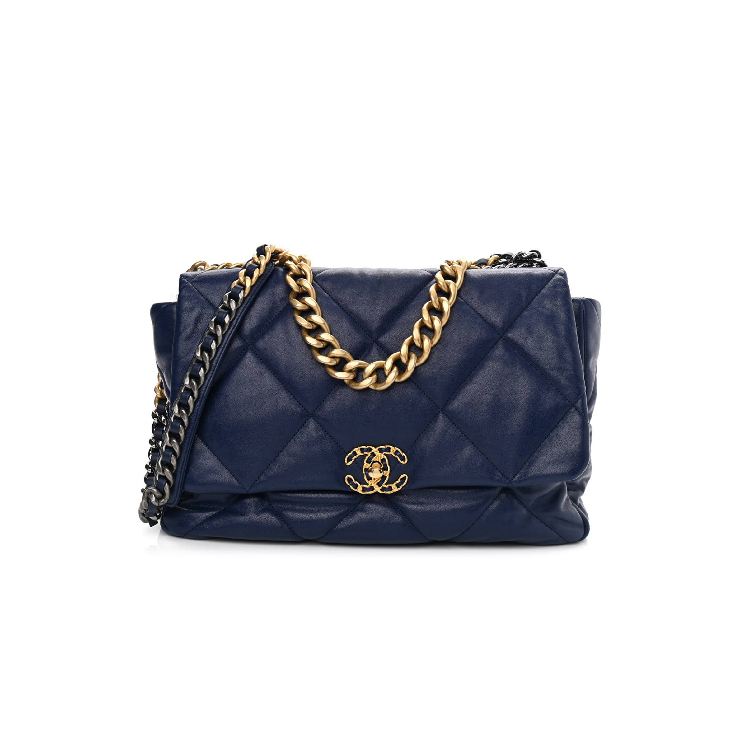 CHANEL GOATSKIN QUILTED MAXI CHANEL 19 FLAP BLUE GOLD HARDWARE (36*24*10cm)