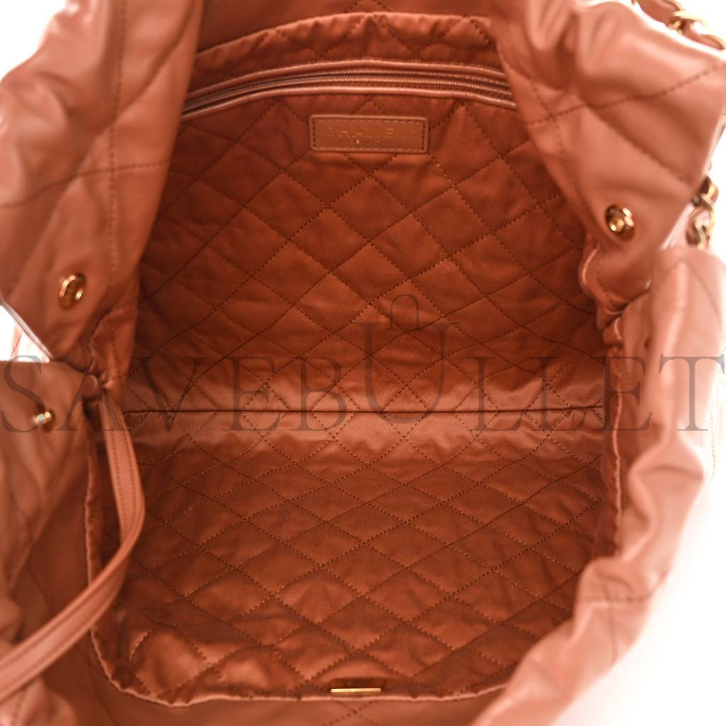 CHANEL SHINY CALFSKIN QUILTED CHANEL 22 CAMEL GOLD HARDWARE (37*35*7cm)