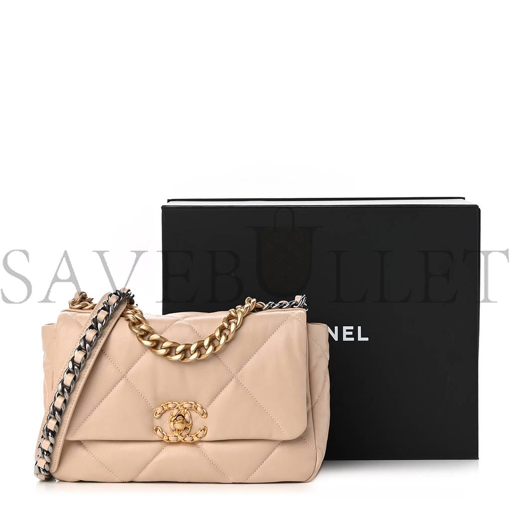 CHANEL GOATSKIN QUILTED MEDIUM CHANEL 19 FLAP LIGHT BEIGE GOLD HARDWARE (25*15*8cm)