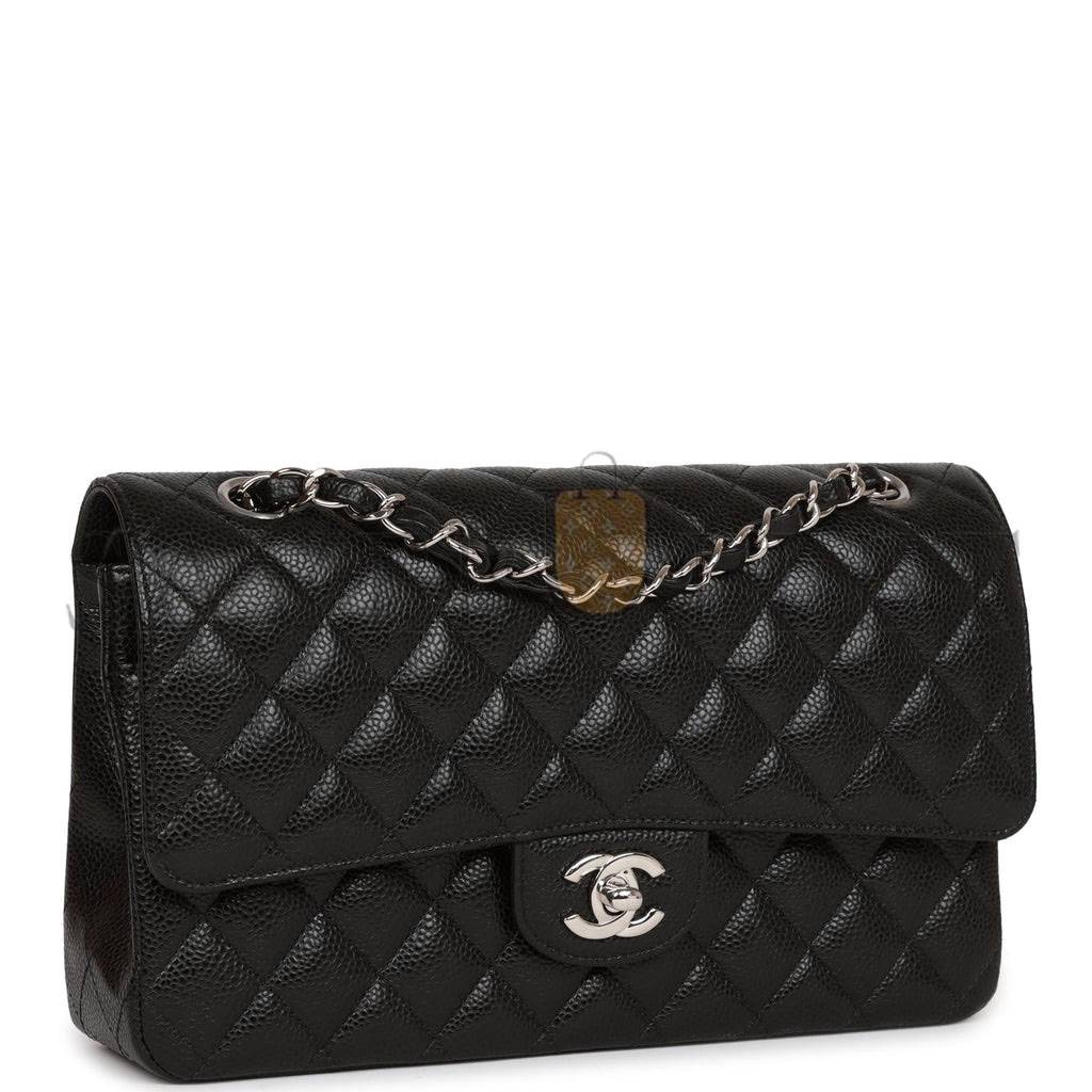 CHANEL MEDIUM CLASSIC DOUBLE FLAP BAG BLACK QUILTED CAVIAR SILVER HARDWARE (25*15*7cm)