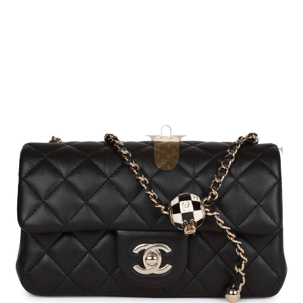 CHANEL PEARL CRUSH MINI RECTANGULAR FLAP BAG BLACK LAMBSKIN LIGHT GOLD HARDWARE (20*13*6cm)