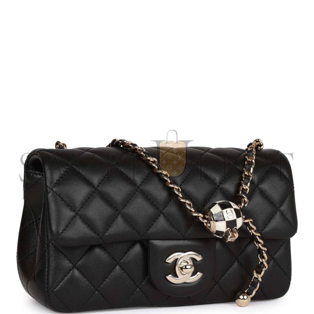 CHANEL PEARL CRUSH MINI RECTANGULAR FLAP BAG BLACK LAMBSKIN LIGHT GOLD HARDWARE (20*13*6cm)