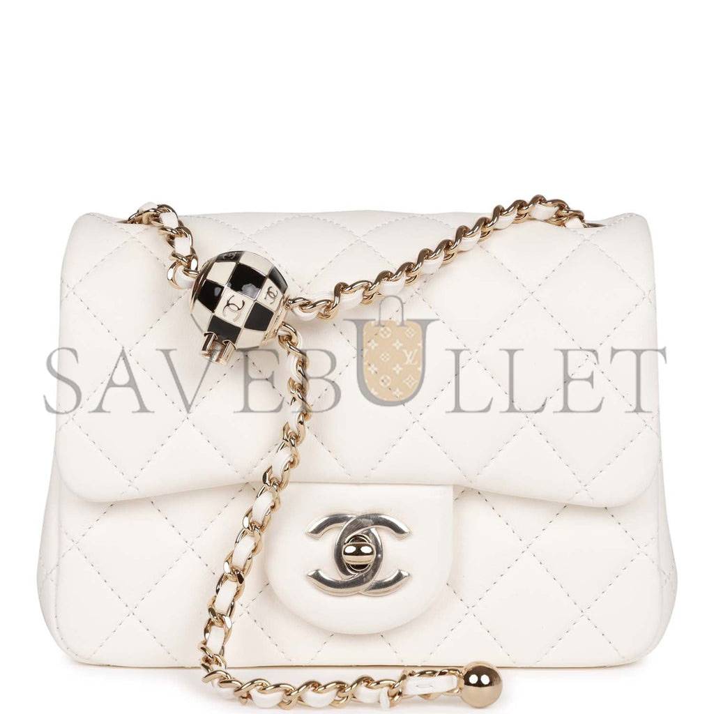 CHANEL PEARL CRUSH MINI SQUARE FLAP BAG WHITE LAMBSKIN LIGHT GOLD HARDWARE (17*14*8cm)