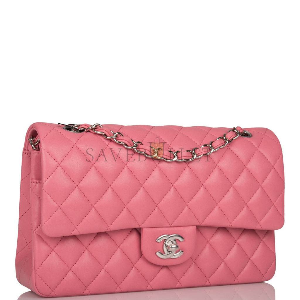 CHANEL MEDIUM CLASSIC DOUBLE FLAP BAG ROSE QUILTED LAMBSKIN SILVER HARDWARE (25*15*7cm)