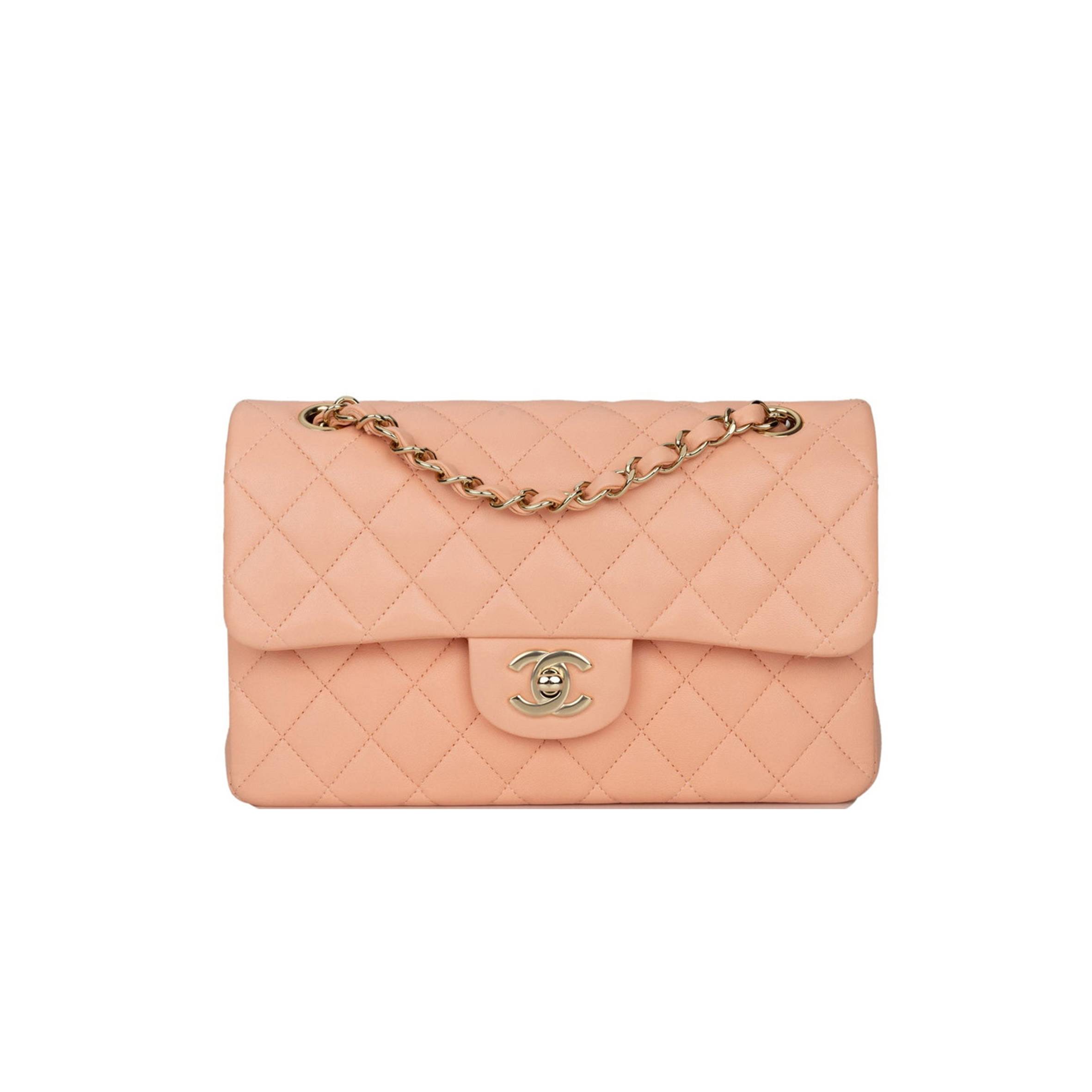 CHANEL SMALL CLASSIC DOUBLE FLAP PEACH LAMBSKIN LIGHT GOLD HARDWARE (23*13*6cm)