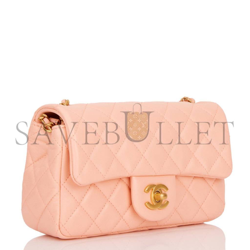 CHANEL PEARL CRUSH MINI RECTANGULAR FLAP BAG PEACH LAMBSKIN ANTIQUE GOLD HARDWARE (20*13*6cm)