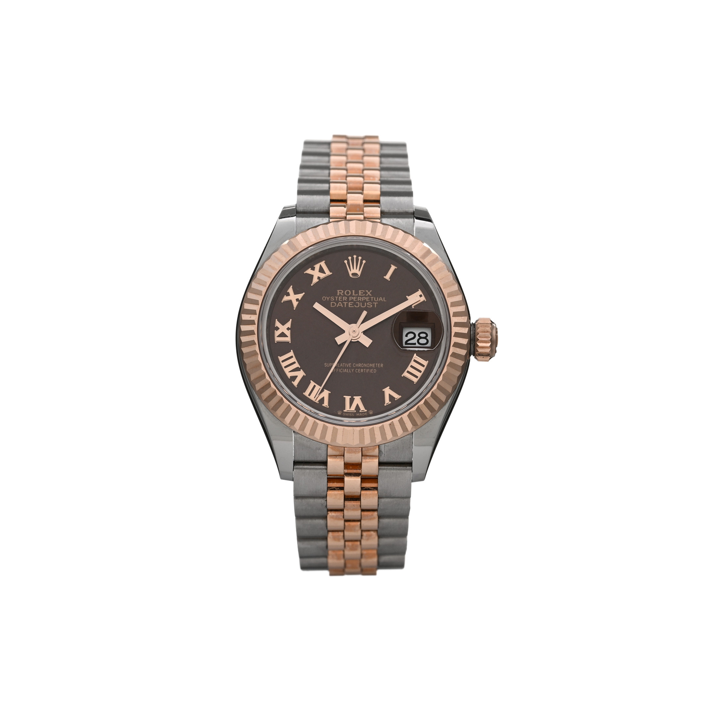 ROLEX STAINLESS STEEL 18K EVEROSE GOLD 28MM OYSTER PERPETUAL DATEJUST WATCH CHOCOLATE ROMAN 279171